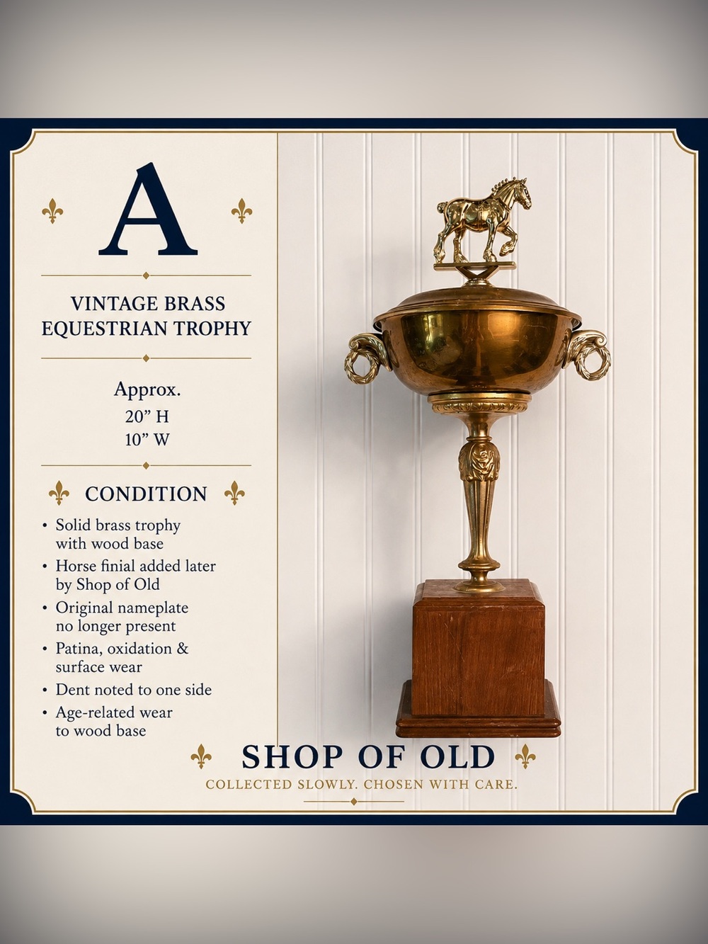 Vintage Brass Equestrian Trophy Urn with Horse Finial